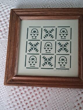 Framed Folk Art Grid Print in Dark Green and Cream